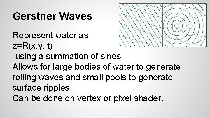 Gerstner Waves Represent water as z=R(x, y, t) using a summation of sines Allows