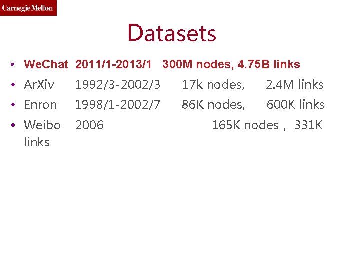 Datasets • We. Chat 2011/1 -2013/1 300 M nodes, 4. 75 B links •