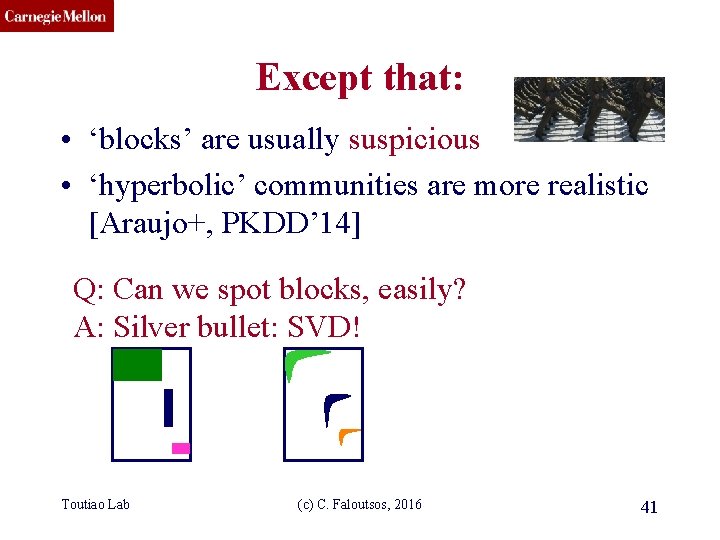 CMU SCS Except that: • ‘blocks’ are usually suspicious • ‘hyperbolic’ communities are more