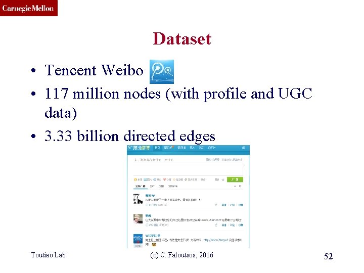 CMU SCS Dataset • Tencent Weibo • 117 million nodes (with profile and UGC