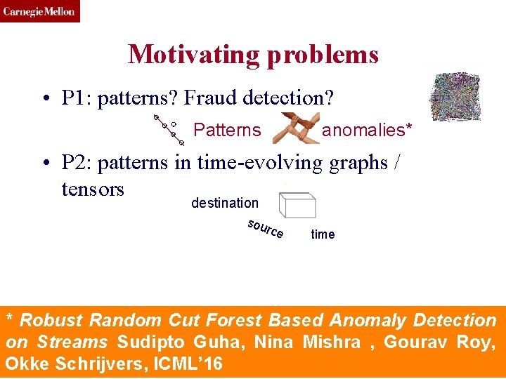 CMU SCS Motivating problems • P 1: patterns? Fraud detection? Patterns anomalies* • P