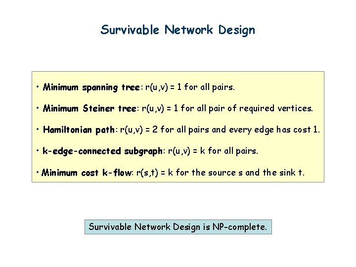 Survivable Network Design • Minimum spanning tree: r(u, v) = 1 for all pairs.