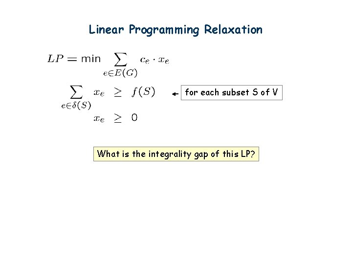 Linear Programming Relaxation for each subset S of V What is the integrality gap