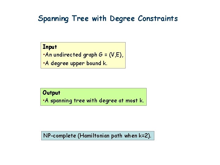 Spanning Tree with Degree Constraints Input • An undirected graph G = (V, E),