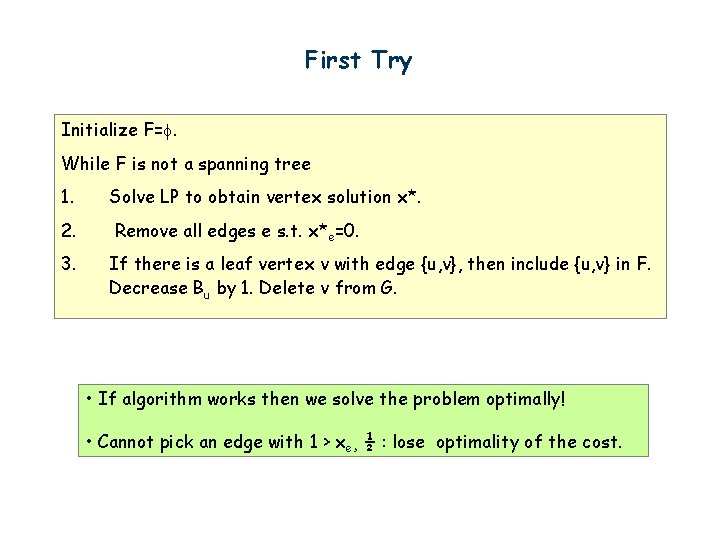 First Try Initialize F=. While F is not a spanning tree 1. Solve LP