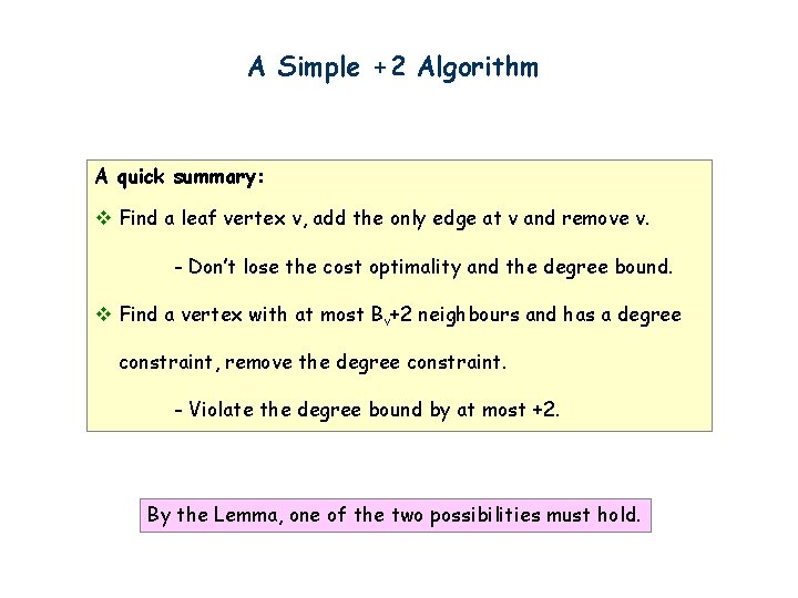 A Simple +2 Algorithm A quick summary: v Find a leaf vertex v, add
