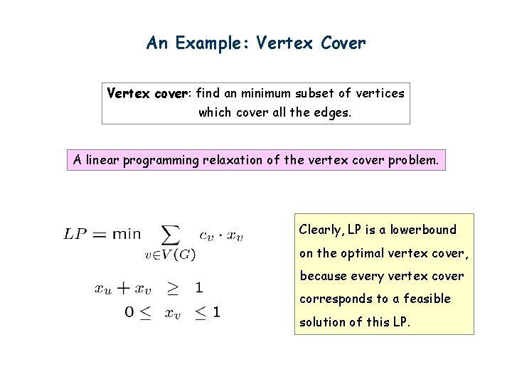 An Example: Vertex Cover Vertex cover: find an minimum subset of vertices which cover