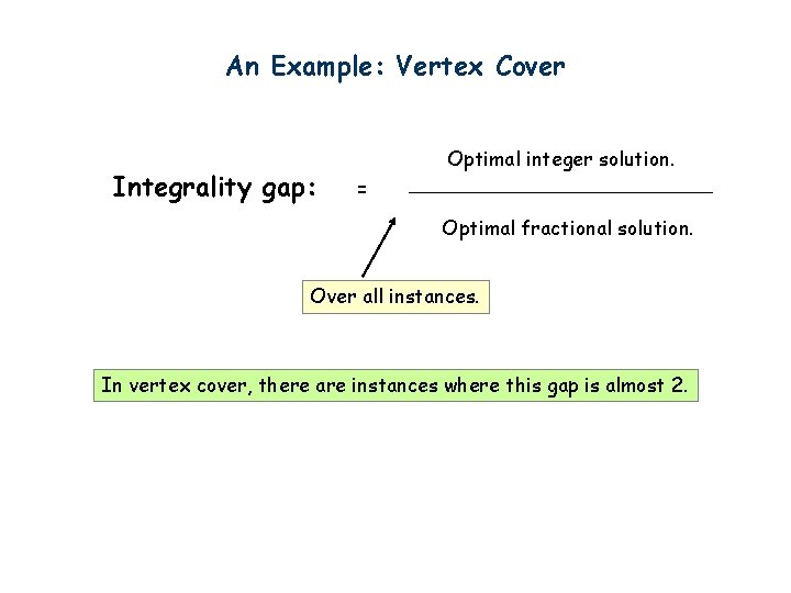 An Example: Vertex Cover Integrality gap: Optimal integer solution. = Optimal fractional solution. Over