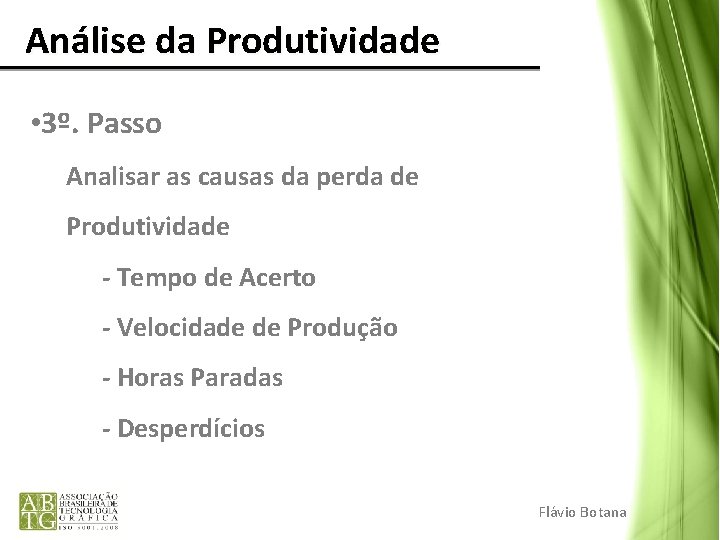 Análise da Produtividade • 3º. Passo Analisar as causas da perda de Produtividade Análise da Produtividade • 3º. Passo Analisar as causas da perda de Produtividade