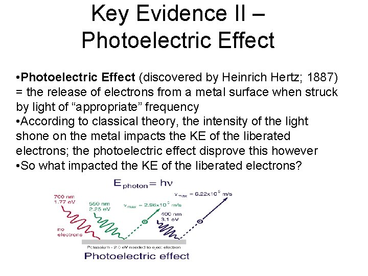 Key Evidence II – Photoelectric Effect • Photoelectric Effect (discovered by Heinrich Hertz; 1887) Key Evidence II – Photoelectric Effect • Photoelectric Effect (discovered by Heinrich Hertz; 1887)