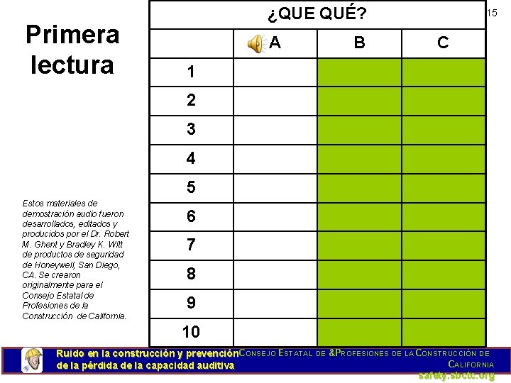 Primera lectura ¿QUE QUÉ? A B 15 C 1 2 3 4 5 Estos