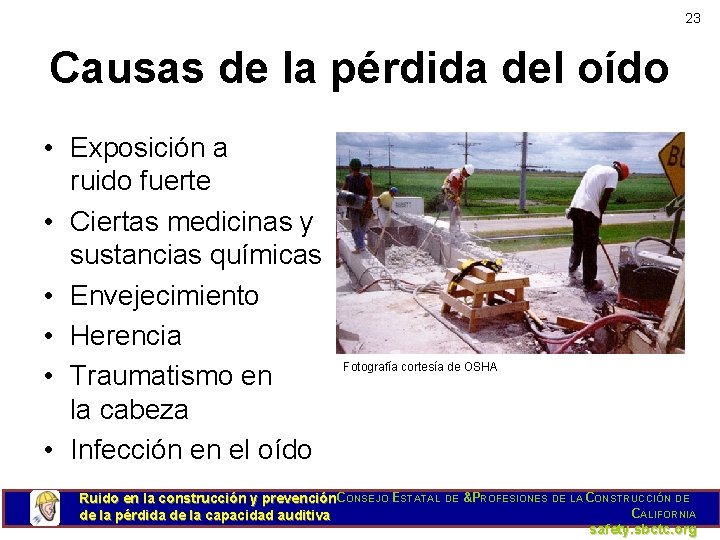 23 Causas de la pérdida del oído • Exposición a ruido fuerte • Ciertas