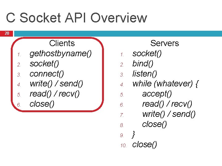 C Socket API Overview 20 1. 2. 3. 4. 5. 6. Clients gethostbyname() socket()