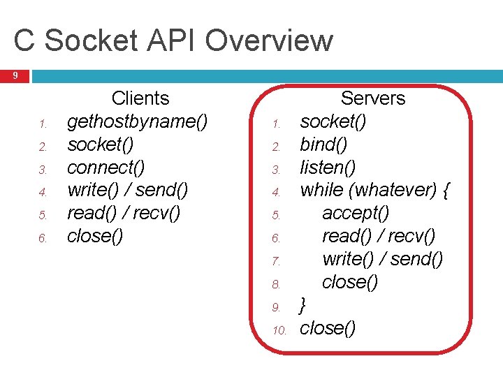 C Socket API Overview 9 1. 2. 3. 4. 5. 6. Clients gethostbyname() socket()