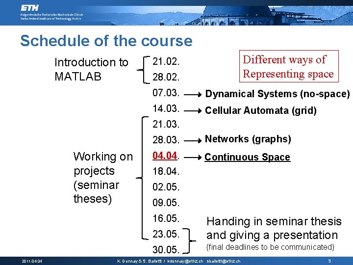 Schedule of the course Introduction to MATLAB Different ways of Representing space 21. 02.