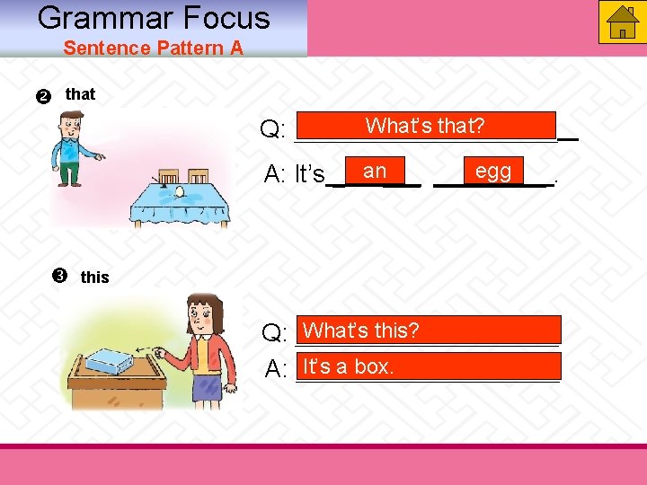 Grammar Focus Sentence Pattern A that What’s that? Q: ___________ egg A: It’s _ Grammar Focus Sentence Pattern A that What’s that? Q: ___________ egg A: It’s _