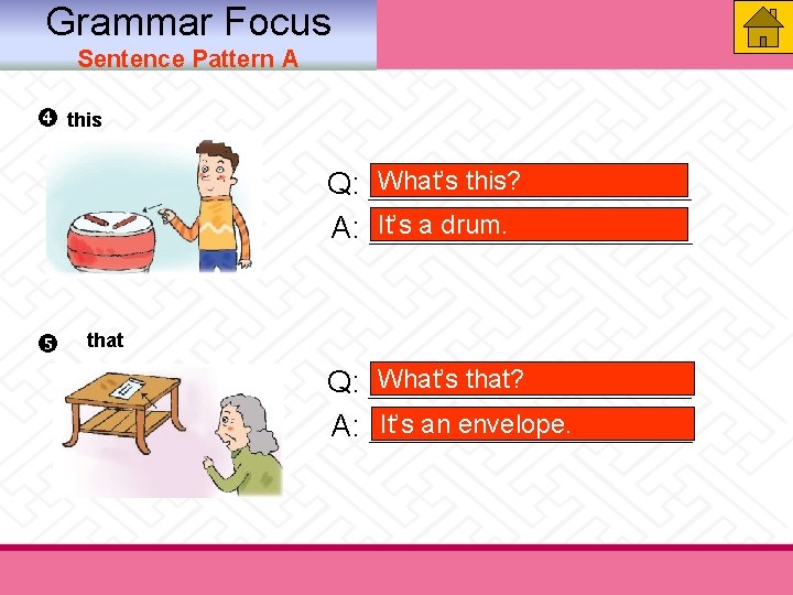 Grammar Focus Sentence Pattern A this What’s this? Q: ___________ It’s a drum. A: Grammar Focus Sentence Pattern A this What’s this? Q: ___________ It’s a drum. A: