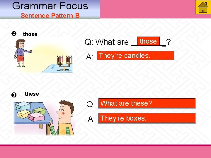 Grammar Focus Sentence Pattern B those Q: What are those _? They’re candles. A: Grammar Focus Sentence Pattern B those Q: What are those _? They’re candles. A: