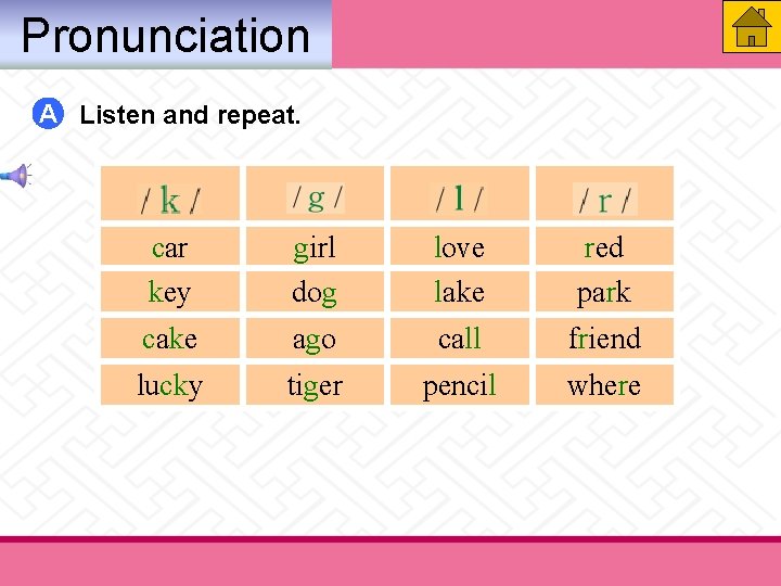 Pronunciation A Listen and repeat. car key girl dog love lake red park cake Pronunciation A Listen and repeat. car key girl dog love lake red park cake