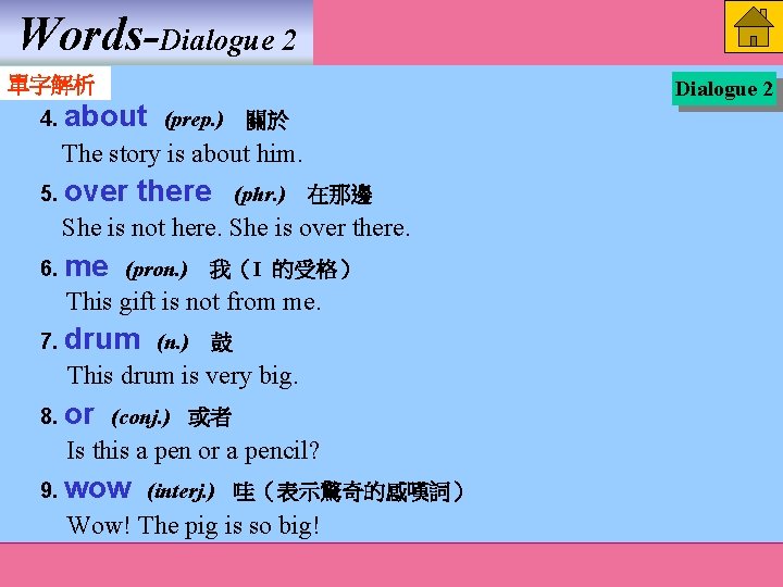 Words-Dialogue 2 單字解析 4. about (prep. ) 關於 The story is about him. 5. over Words-Dialogue 2 單字解析 4. about (prep. ) 關於 The story is about him. 5. over