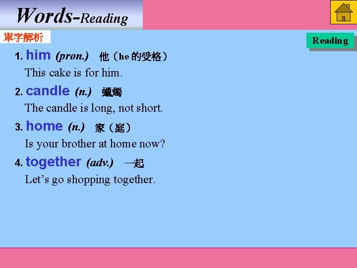 Words-Reading 單字解析 1. him (pron. ) 他(he 的受格) This cake is for him. 2. Words-Reading 單字解析 1. him (pron. ) 他(he 的受格) This cake is for him. 2.