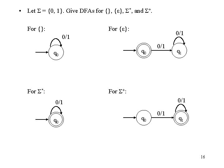  • Let Σ = {0, 1}. Give DFAs for {}, {ε}, Σ*, and