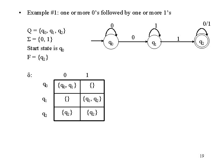  • Example #1: one or more 0’s followed by one or more 1’s