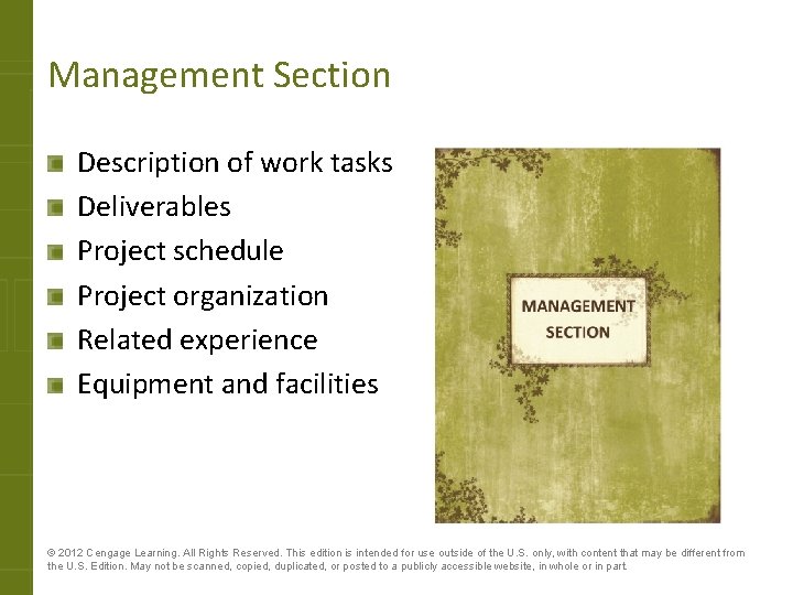 Management Section Description of work tasks Deliverables Project schedule Project organization Related experience Equipment