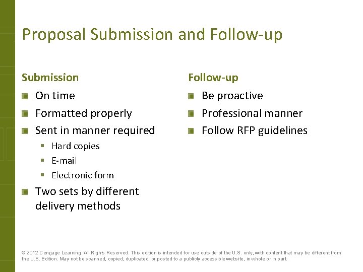 Proposal Submission and Follow-up Submission On time Formatted properly Sent in manner required Follow-up