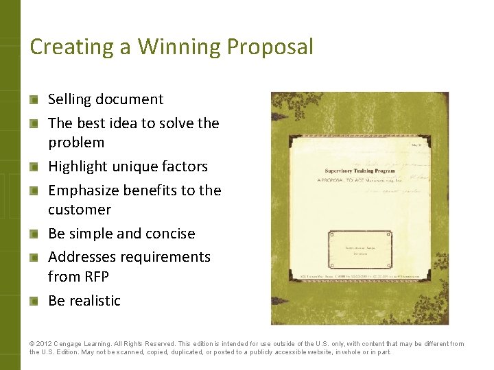Creating a Winning Proposal Selling document The best idea to solve the problem Highlight