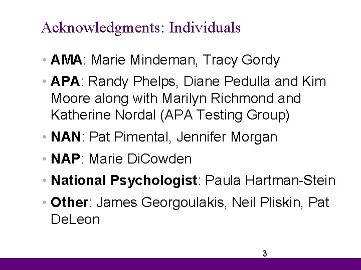 Acknowledgments: Individuals • AMA: Marie Mindeman, Tracy Gordy • APA: Randy Phelps, Diane Pedulla