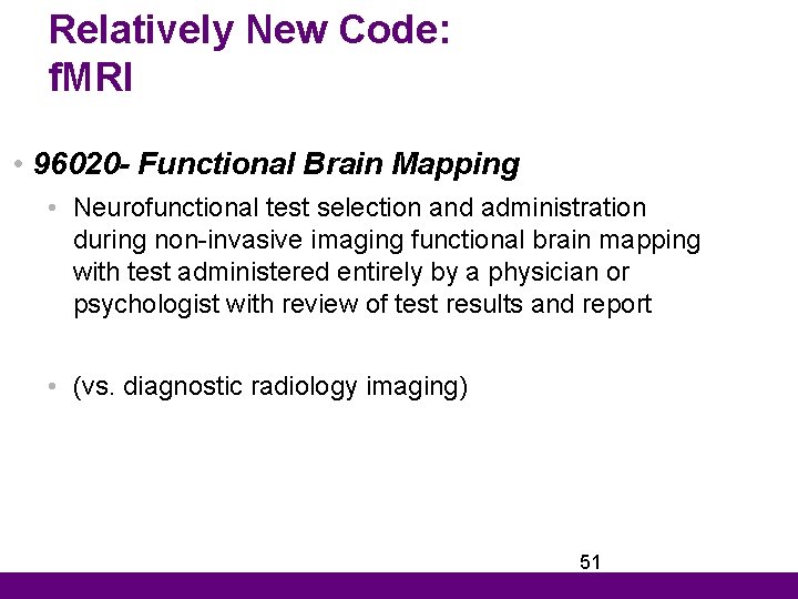 Relatively New Code: f. MRI • 96020 - Functional Brain Mapping • Neurofunctional test