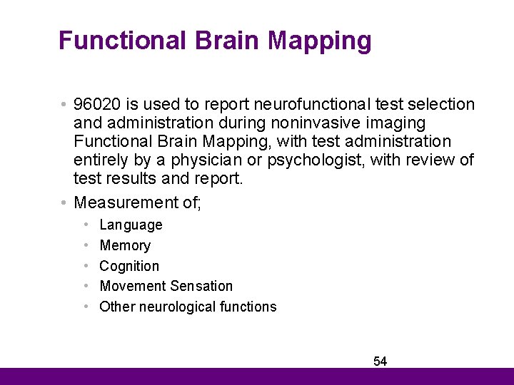 Functional Brain Mapping • 96020 is used to report neurofunctional test selection and administration