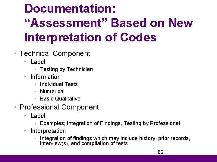 Documentation: “Assessment” Based on New Interpretation of Codes • Technical Component • Label •