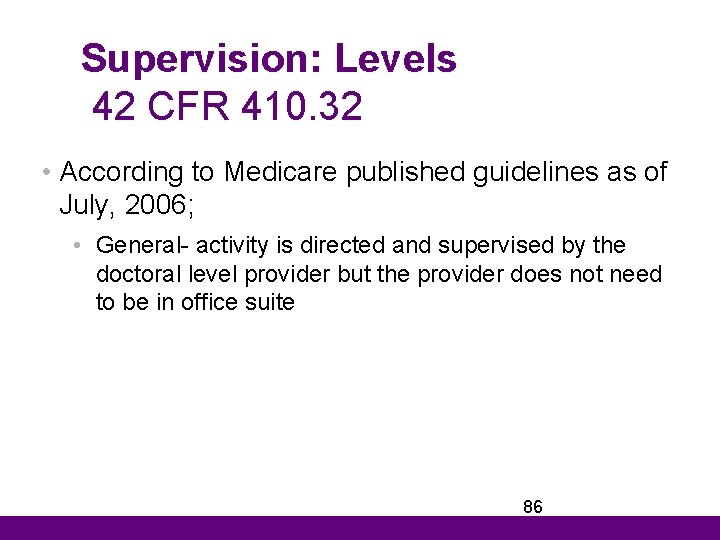 Supervision: Levels 42 CFR 410. 32 • According to Medicare published guidelines as of