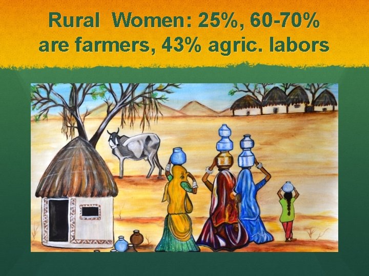 Rural Women: 25%, 60 -70% are farmers, 43% agric. labors 