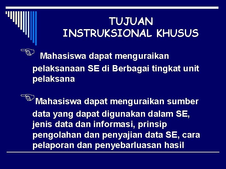 TUJUAN INSTRUKSIONAL KHUSUS Mahasiswa dapat menguraikan pelaksanaan SE di Berbagai tingkat unit pelaksana Mahasiswa