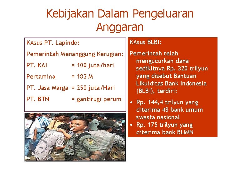 Kebijakan Dalam Pengeluaran Anggaran KAsus PT. Lapindo: KAsus BLBI: Pemerintah Menanggung Kerugian: Pemerintah telah