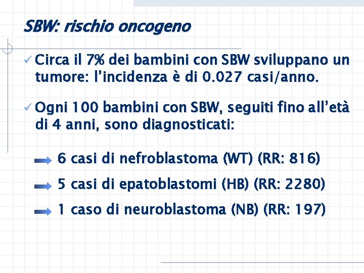 SBW: rischio oncogeno ü Circa il 7% dei bambini con SBW sviluppano un tumore: