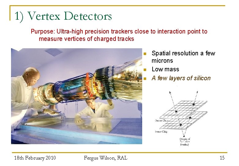 1) Vertex Detectors Purpose: Ultra-high precision trackers close to interaction point to measure vertices