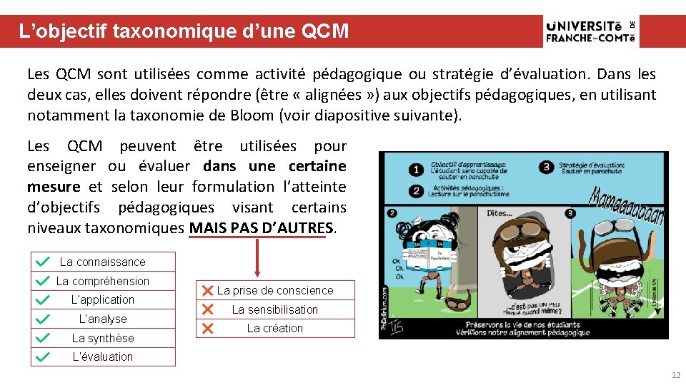 L’objectif taxonomique d’une QCM Les QCM sont utilisées comme activité pédagogique ou stratégie d’évaluation.