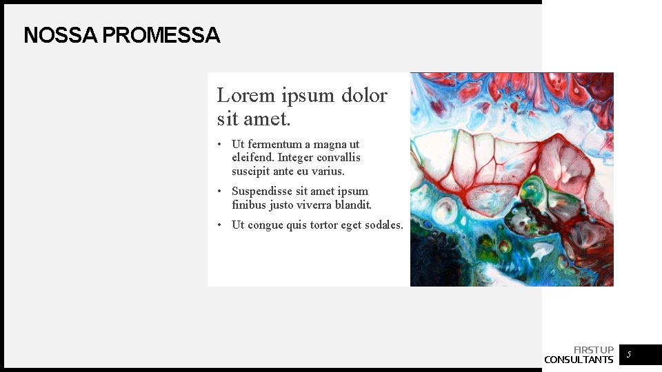 NOSSA PROMESSA Lorem ipsum dolor sit amet. • Ut fermentum a magna ut eleifend. NOSSA PROMESSA Lorem ipsum dolor sit amet. • Ut fermentum a magna ut eleifend.