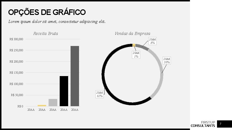 OPÇÕES DE GRÁFICO Lorem ipsum dolor sit amet, consectetur adipiscing elit. Receita Bruta Vendas OPÇÕES DE GRÁFICO Lorem ipsum dolor sit amet, consectetur adipiscing elit. Receita Bruta Vendas