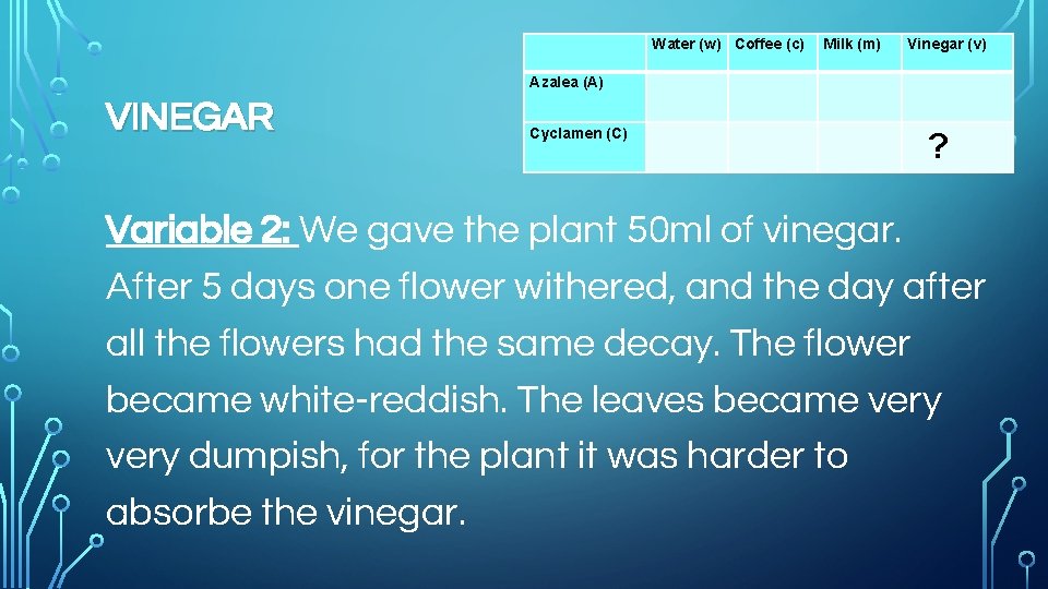 Azalea (A) VINEGAR Cyclamen (C) Water (w) Coffee (c) Milk (m) Vinegar (v) ?