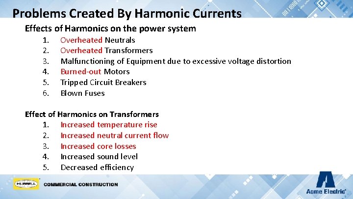 Problems Created By Harmonic Currents Effects of Harmonics on the power system 1. 2.