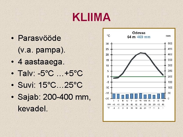 KLIIMA • Parasvööde (v. a. pampa). • 4 aastaaega. • Talv: -5°C …+5°C •