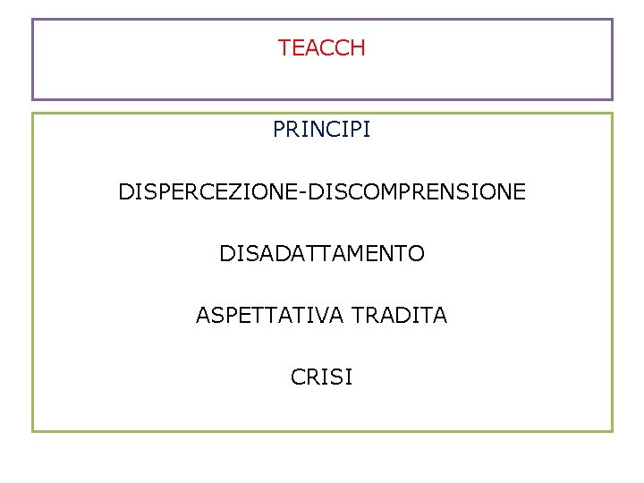 TEACCH PRINCIPI DISPERCEZIONE-DISCOMPRENSIONE DISADATTAMENTO ASPETTATIVA TRADITA CRISI 