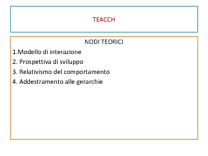 TEACCH NODI TEORICI 1. Modello di interazione 2. Prospettiva di sviluppo 3. Relativismo del