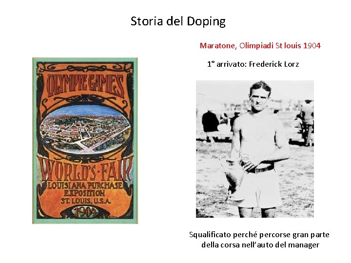 Storia del Doping Maratone, Olimpiadi St louis 1904 1° arrivato: Frederick Lorz Squalificato perché