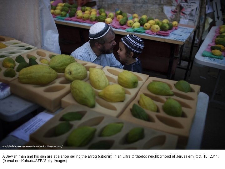 A Jewish man and his son are at a shop selling the Etrog (citronin)